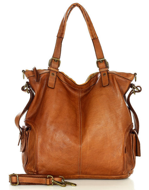 Cannole. Duża miejska torba na ramię shopper skórzana damska A4 XL skórzana ★ cognac