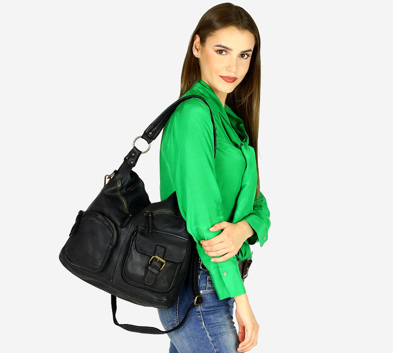 Alessia ● Urban handväska axelväska i läder med fickor för kvinnor
