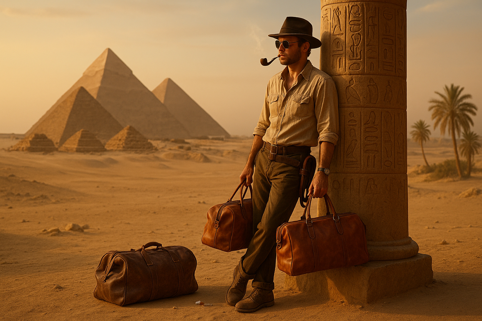 Podróżnik w stylu Indiana Jones palący fajkę, oparty o egipską kolumnę z torbami skórzanymi i śmieciami u stóp - daleki plan