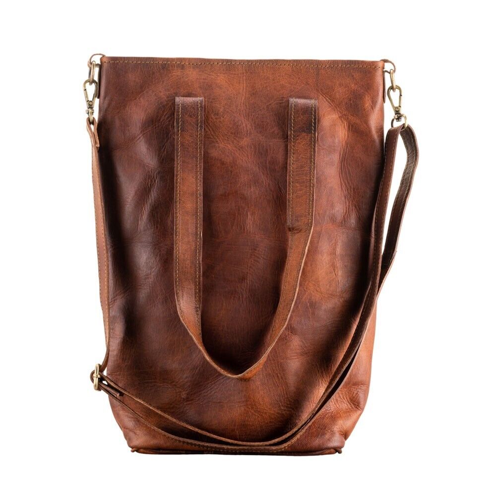 VERTIGO VINTAGE Women's leather shoulder bag brown with high handles