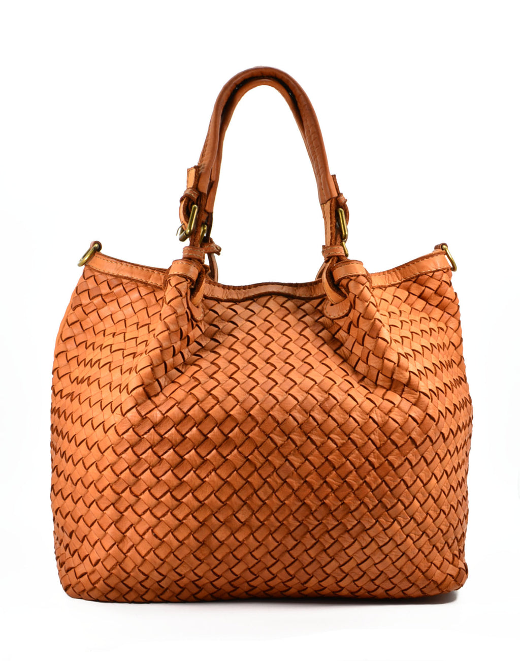 Dimaso Half ● Częściowo pleciona, skórzana torebka do ręki damska, kuferek A4 cognac