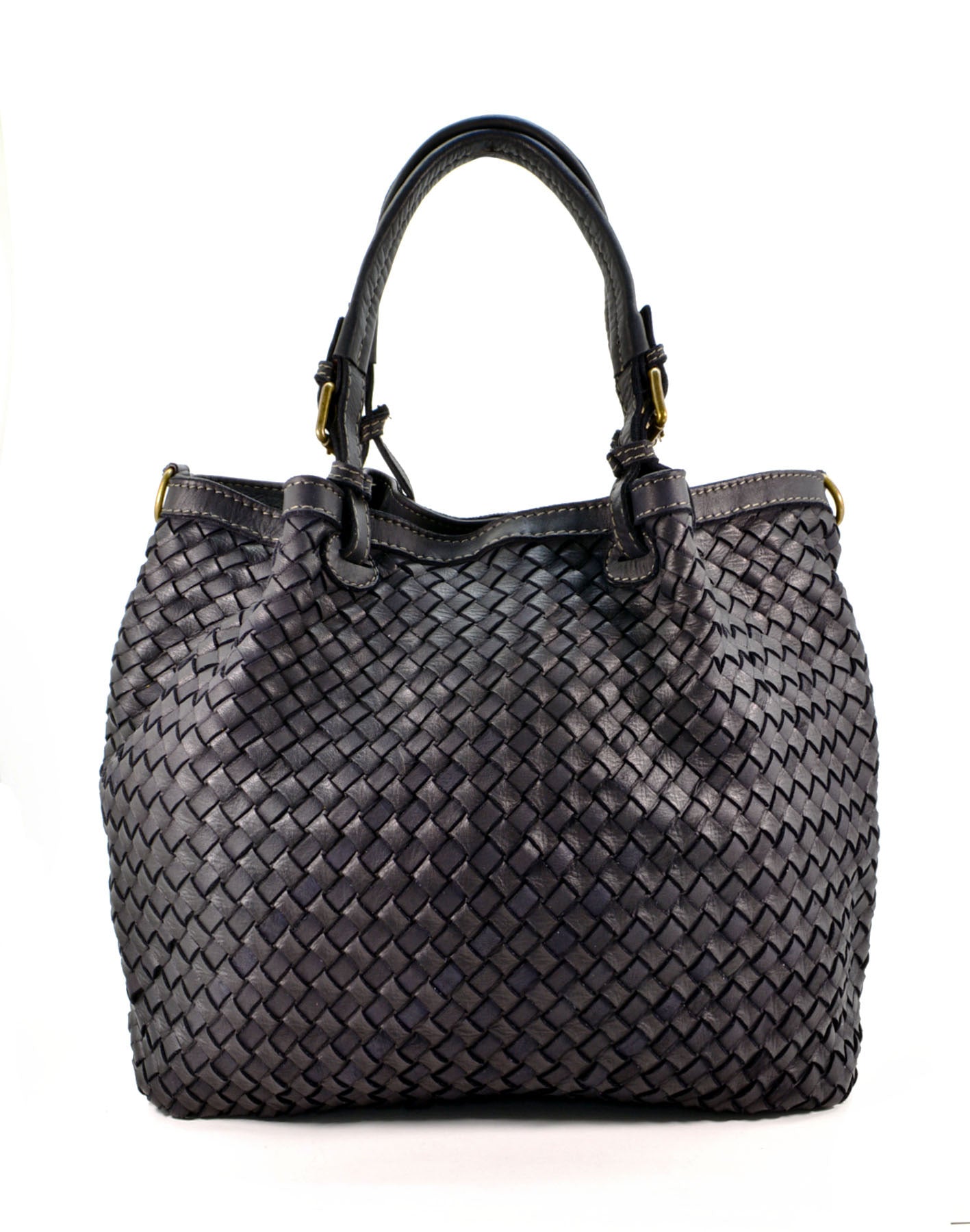 Dimaso Half ● Częściowo pleciona, skórzana torebka do ręki damska, kuferek A4 black