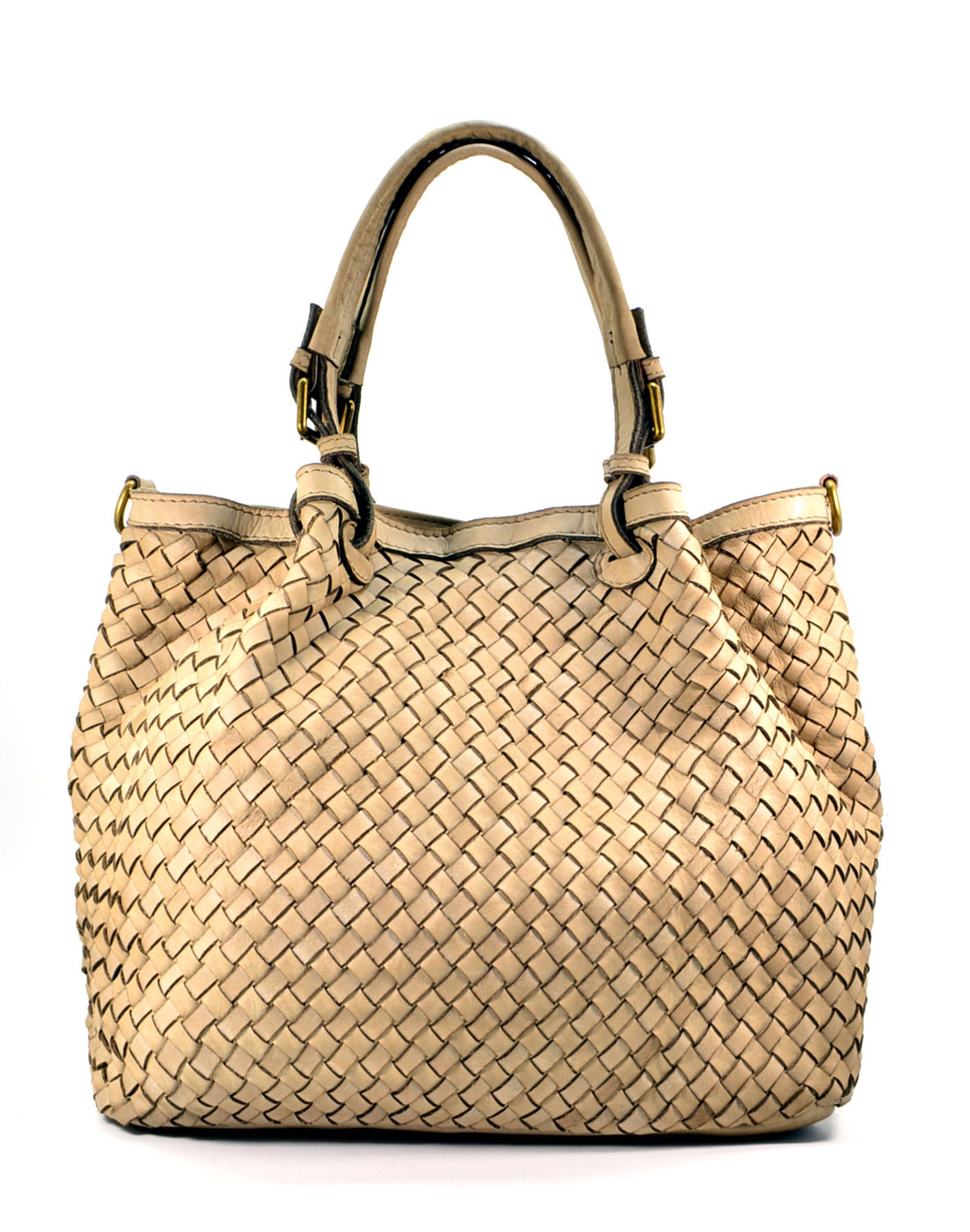 Dimaso Half ● Częściowo pleciona, skórzana torebka do ręki damska, kuferek A4 beżowo-szary