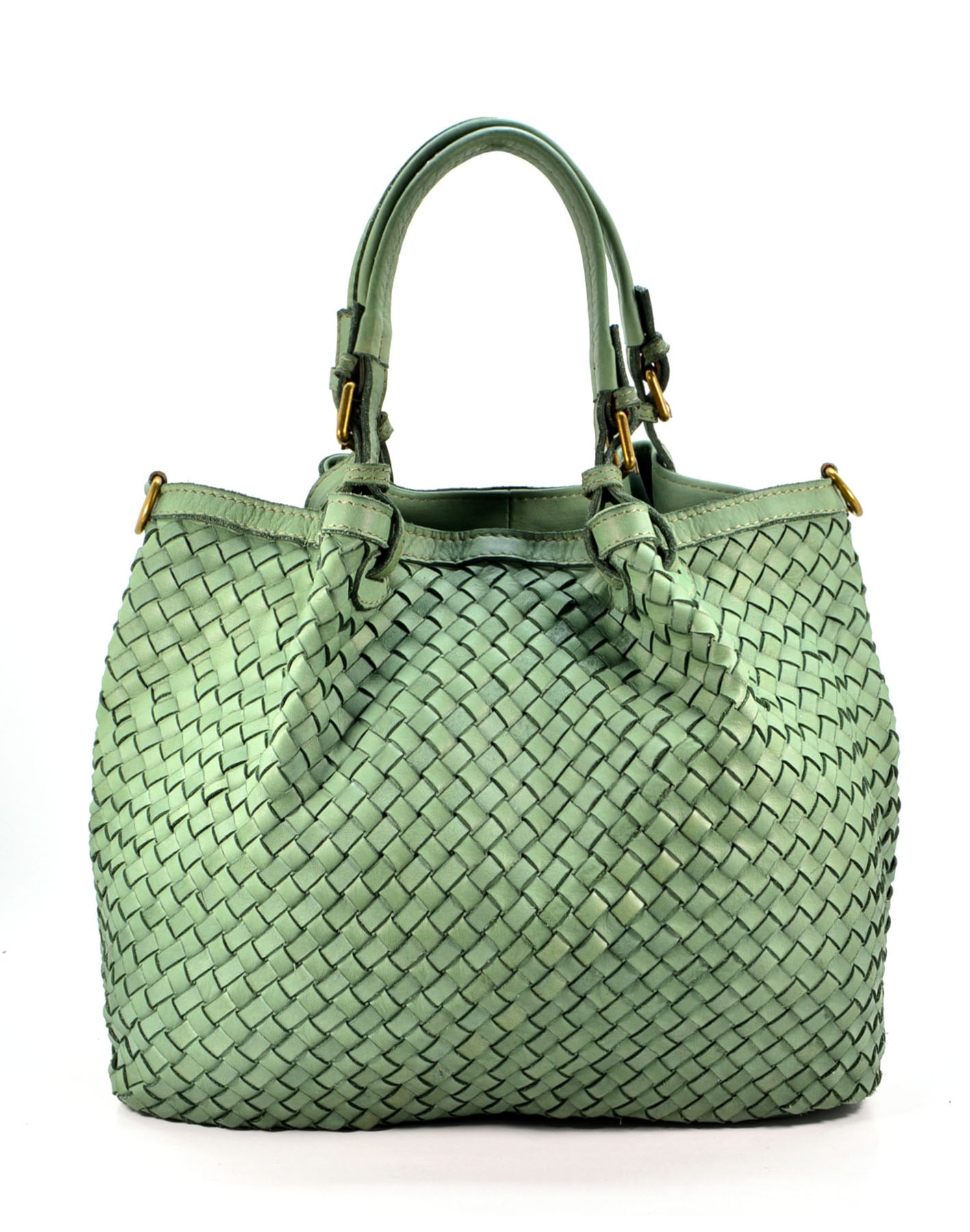 Dimaso Half ● Częściowo pleciona, skórzana torebka do ręki damska, kuferek A4 zieleń miętowa