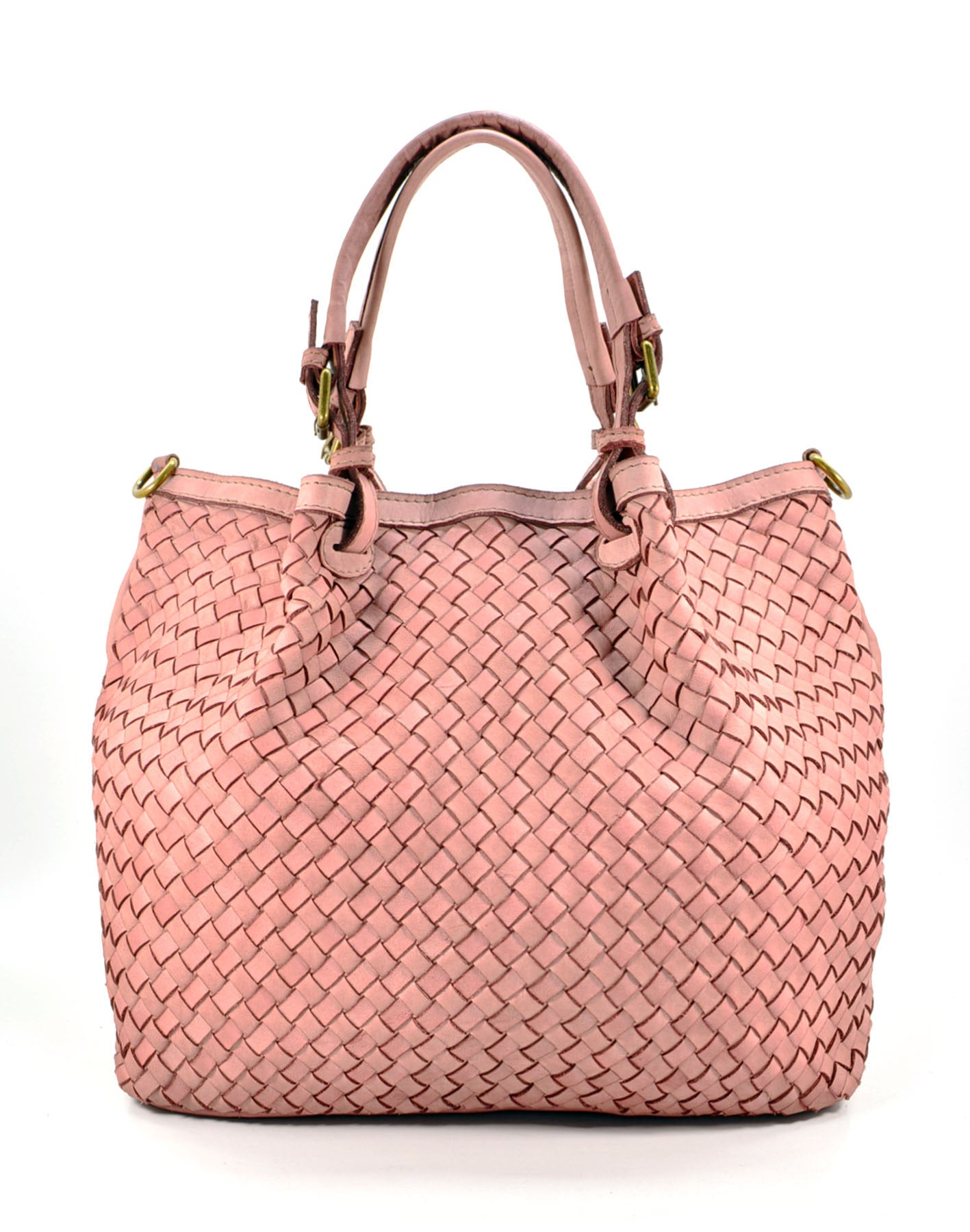 Dimaso Half ● Częściowo pleciona, skórzana torebka do ręki damska, kuferek A4 różowy pastel