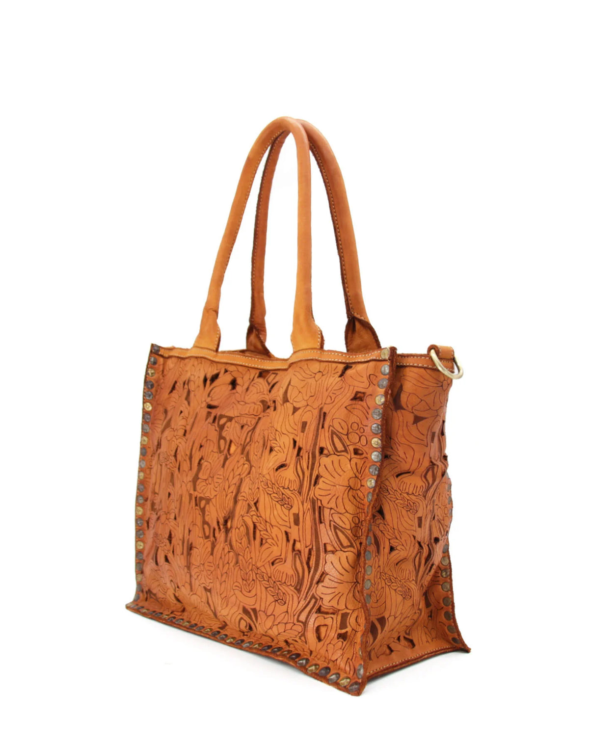 DIFIORI BOHO - Skórzana torba shopper damska z ażurowym wzorem florystycznym