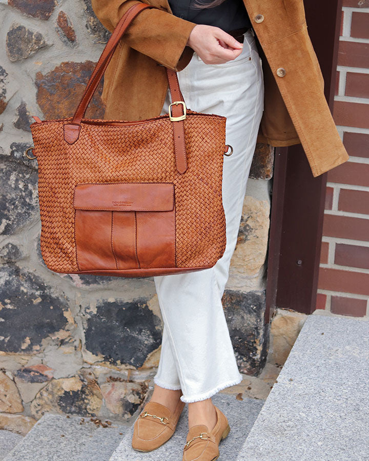 TOTE BRESCIA. Damska skórzana torebka shopper z plecionej skóry