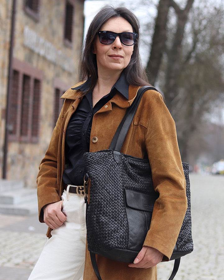 TOTE BRESCIA. Damska skórzana torebka shopper z plecionej skóry