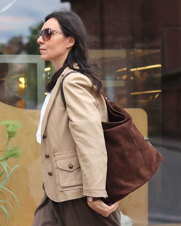 BORANO Sue. Damska torba na ramię Hobo z włoskiego zamszu