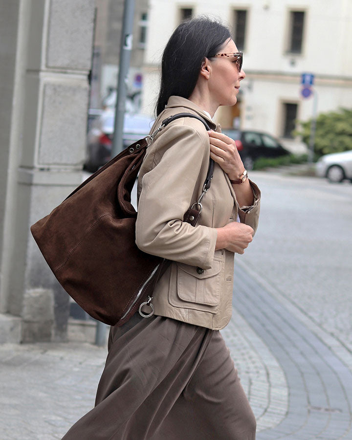 BORANO Sue. Damska torba na ramię Hobo z włoskiego zamszu