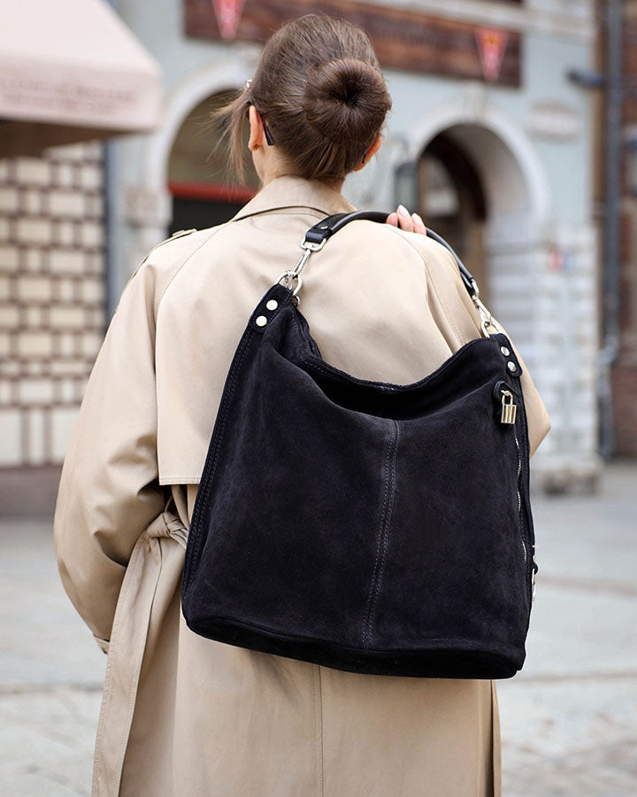 BORANO Sue. Damska torba na ramię Hobo z włoskiego zamszu