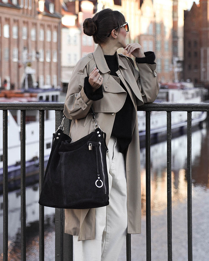 BORANO Sue. Damska torba na ramię Hobo z włoskiego zamszu