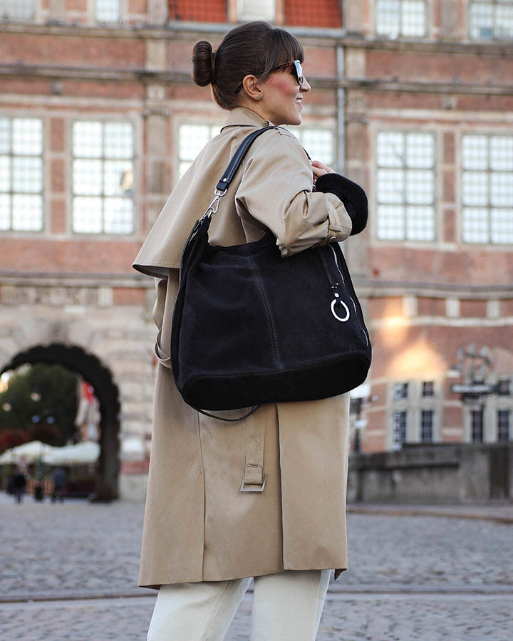 BORANO Sue. Damska torba na ramię Hobo z włoskiego zamszu