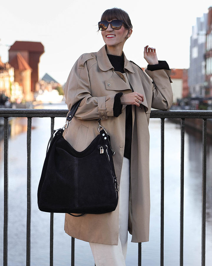 BORANO Sue. Damska torba na ramię Hobo z włoskiego zamszu