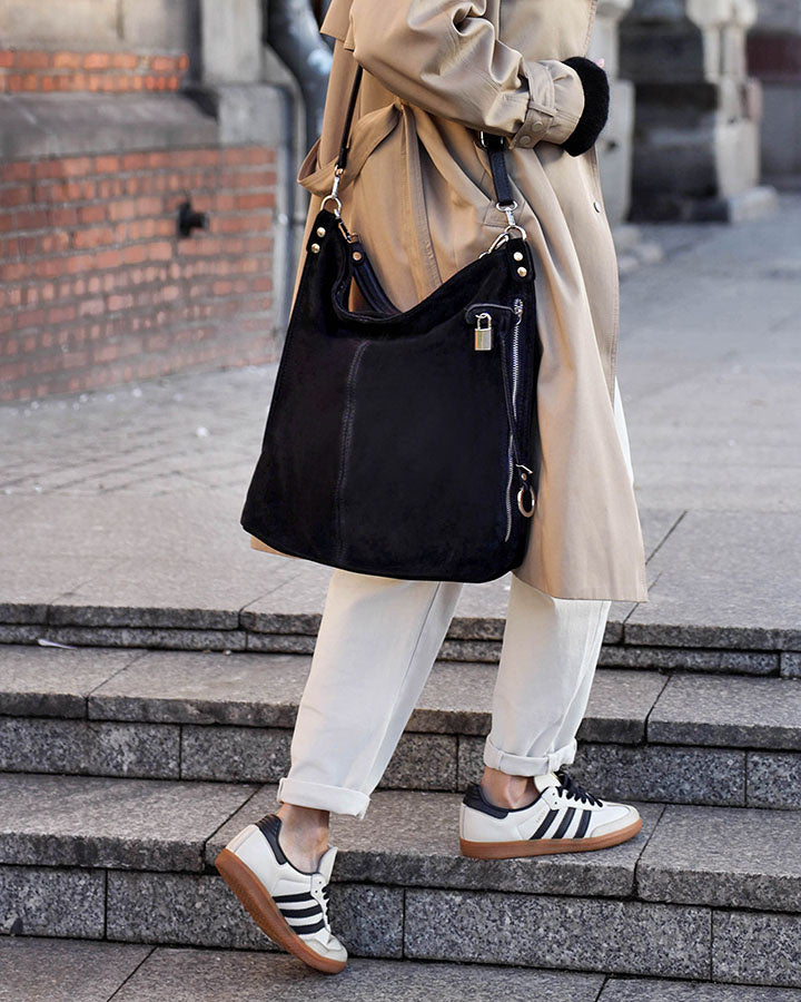 BORANO Sue. Damska torba na ramię Hobo z włoskiego zamszu