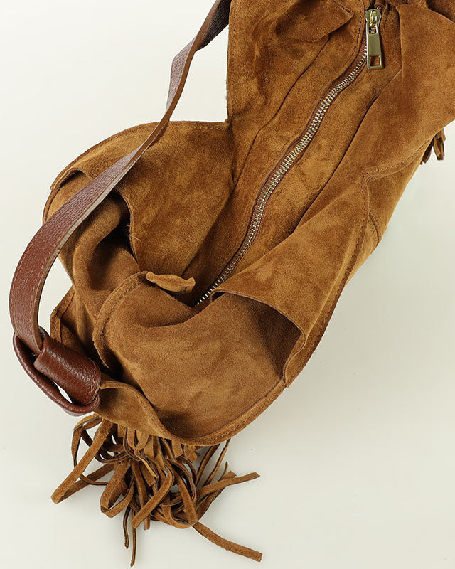 Hobo bag BINOTTO Sue. Damska torba na ramię Hobo z frendzlami, z włoskiego zamszu