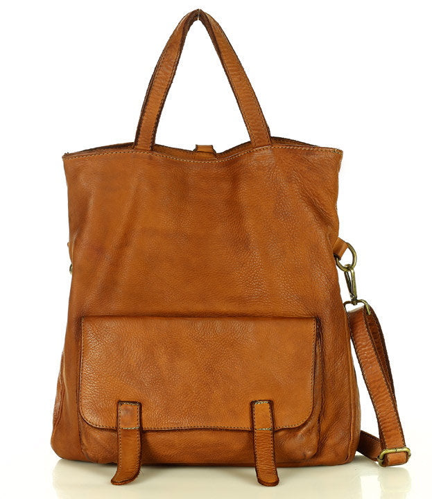 BORENO. Torba shopper damska 3 w 1 z funkcją plecaka, wykonana z włoskiej skóry cognac