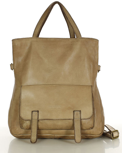 BORENO. Torba shopper damska 3 w 1 z funkcją plecaka, wykonana z włoskiej skóry beige-taupe
