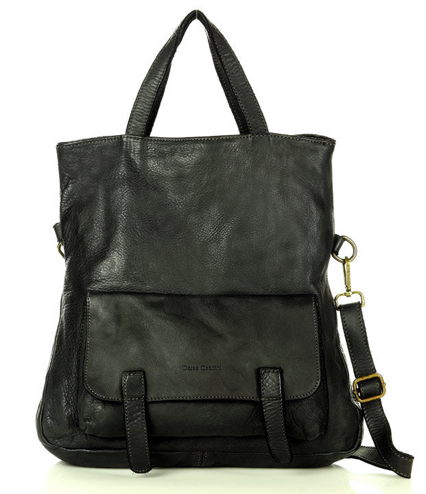 BORENO. Torba shopper damska 3 w 1 z funkcją plecaka, wykonana z włoskiej skóry black