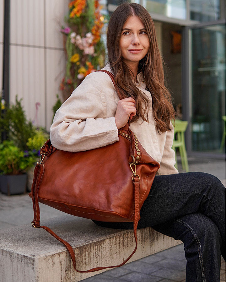 (outlet) Cassalle. Stor läderväska med axelrem, A4 XL, Boho