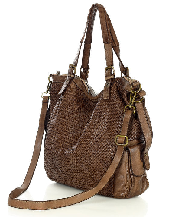 Cannole Intrecciato. Large woven leather shopper shoulder bag for women A4 XL