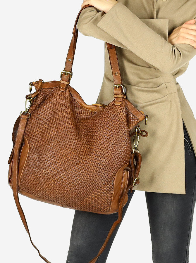 Cannole Intrecciato. Large woven leather shopper shoulder bag for women A4 XL