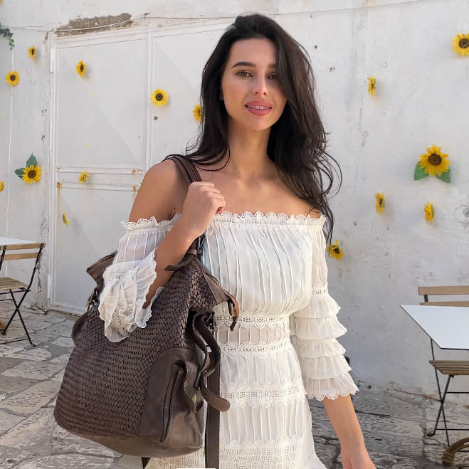 Cannole Intrecciato. Large woven leather shopper shoulder bag for women A4 XL