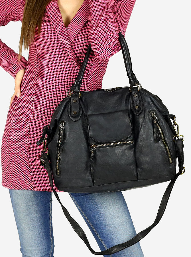 BOWLER ALIGERI. Women's XXL leather bowling bag, A4 size