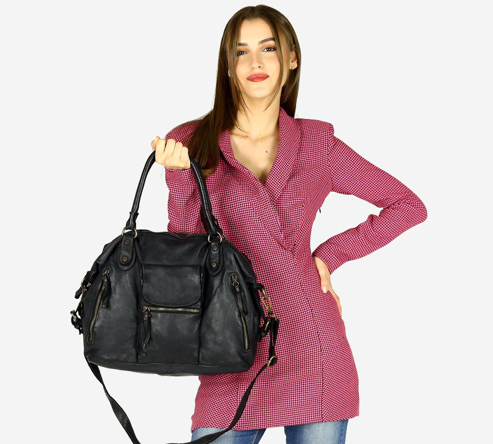 BOWLER ALIGERI. Women's XXL leather bowling bag, A4 size