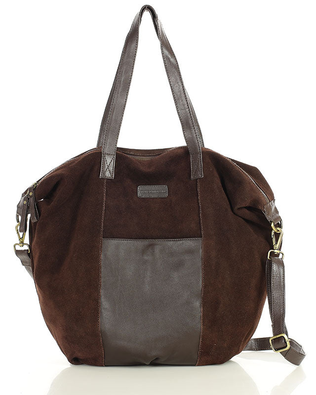 shopper bag CANDINI GRANDE Sue. Damska torba na ramię z włoskiego zamszu brąz ciemny