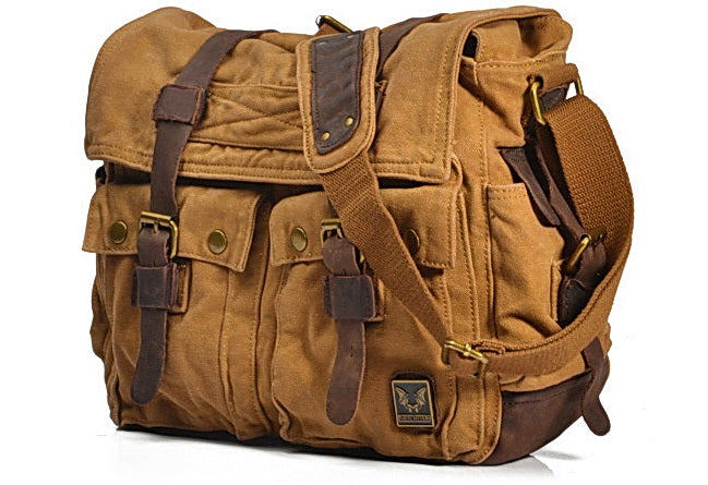 Shoulder bag made of thick cotton canvas in desert khaki color