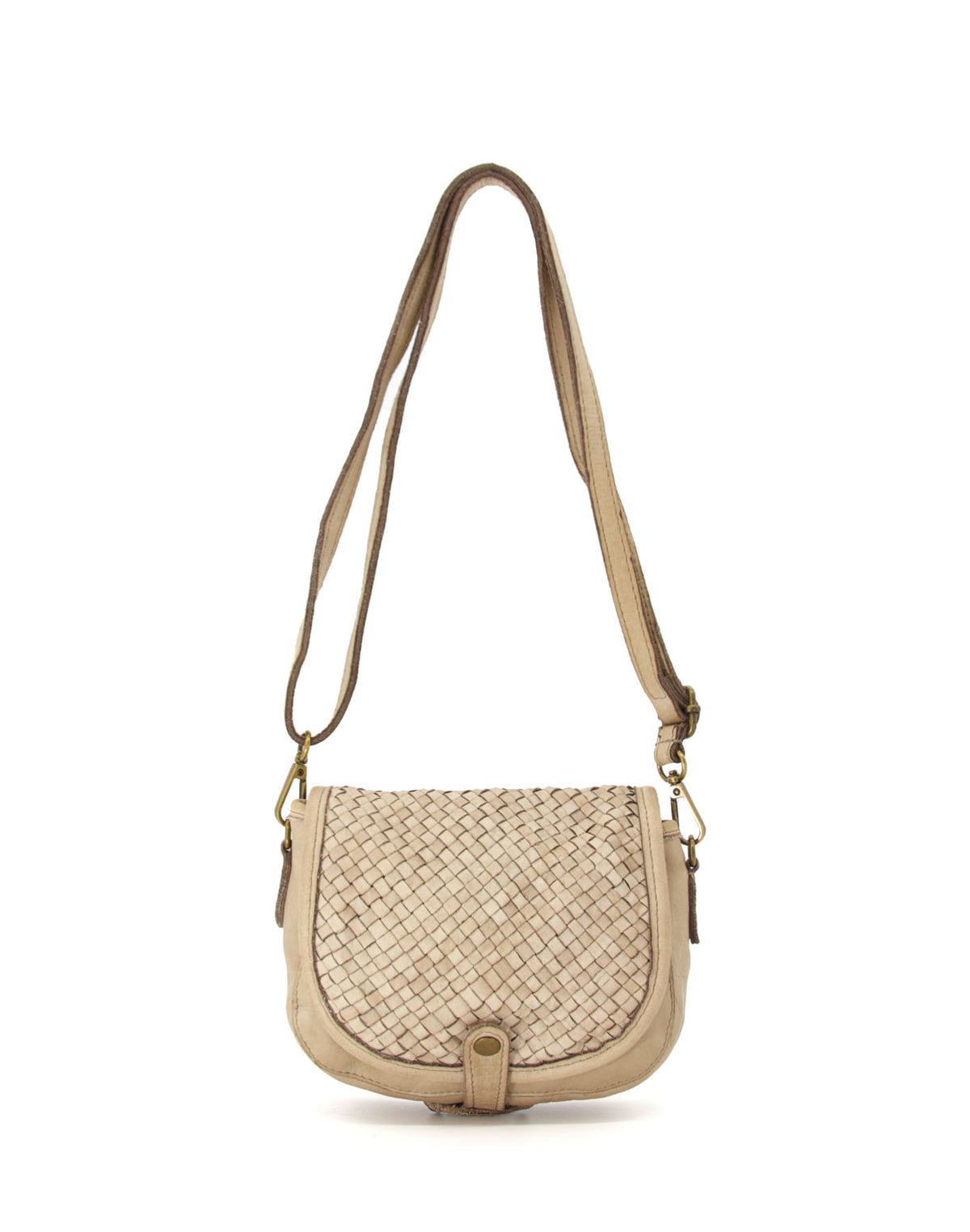 eżowa skórzana torebka damska na ramię o subtelnym, eleganckim wyglądzie. Model crossbody z klapą dobrze uzupełnia jasne stylizacje i minimalistyczne zestawy.	