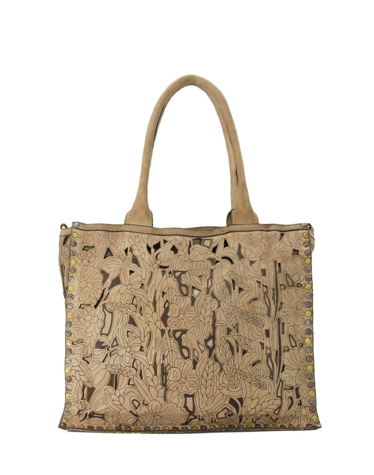 Beżowa-taupe skórzana torba shopper damska z ozdobnymi nitami, w stylu Boho