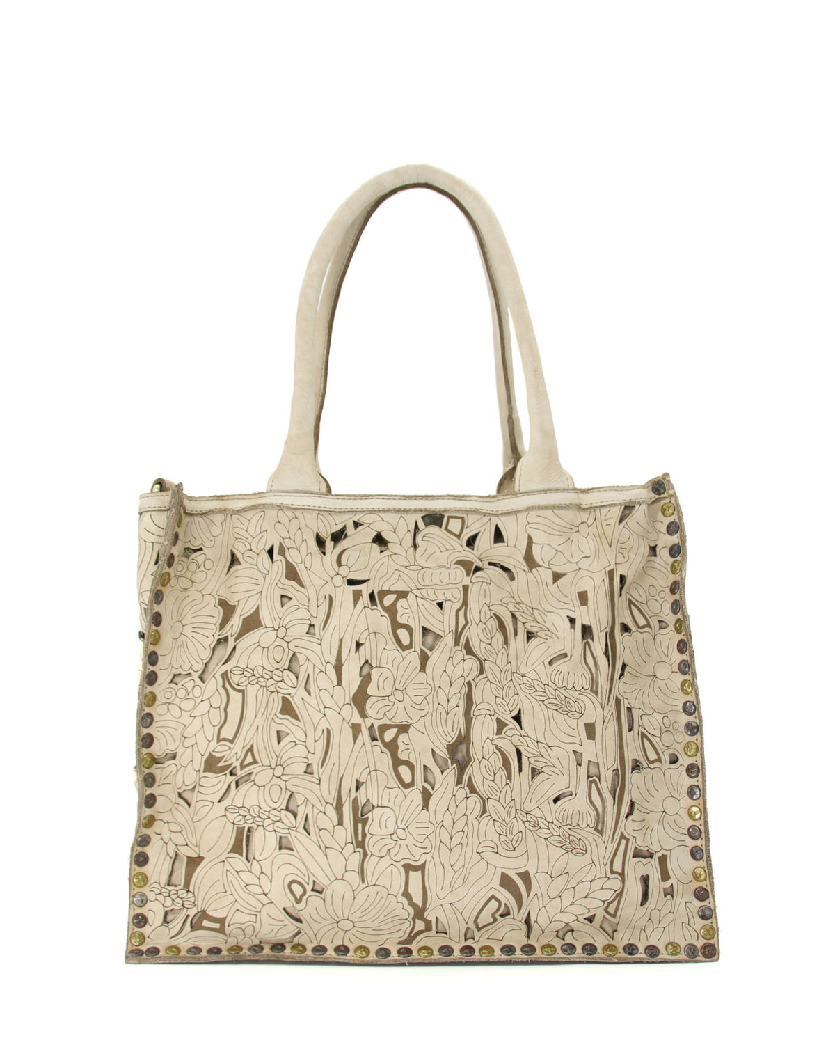 Beżowa, skórzana torba shopper damska z ozdobnymi nitami, w stylu Boho