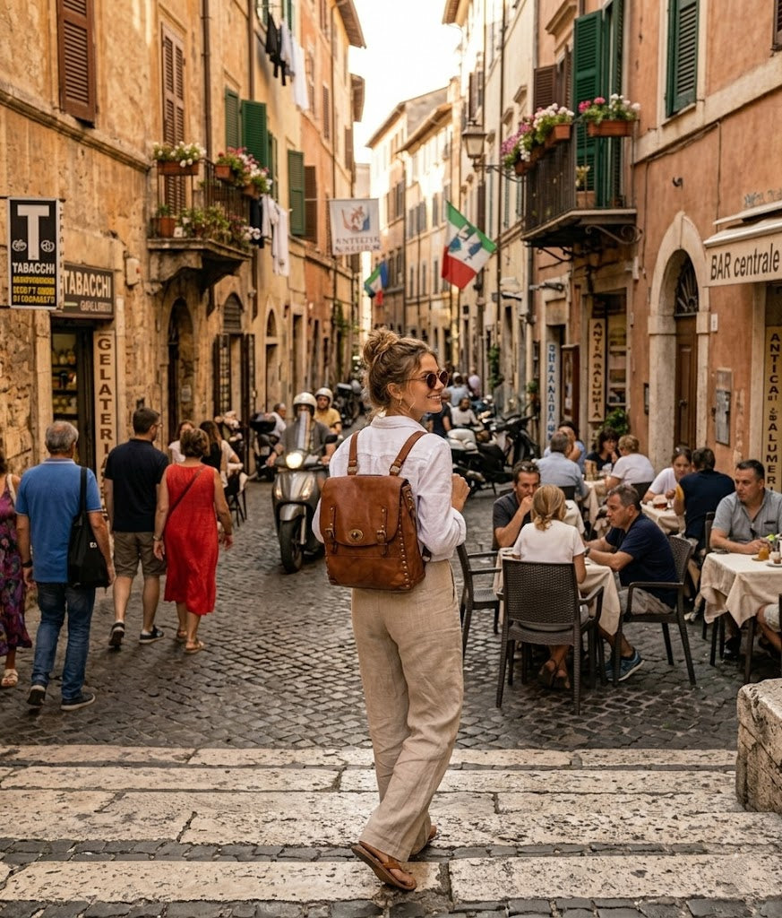 Woman walking down the street with a large vintage 2-in-1 leather women's backpack on her back