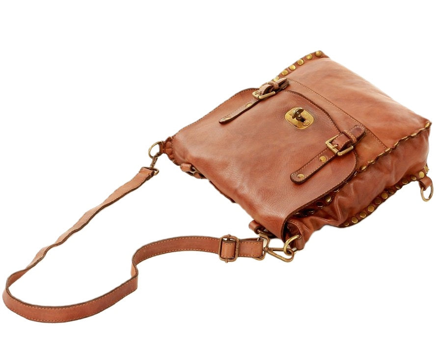 Boho stylish women's leather backpack bag with studs. 2 in 1