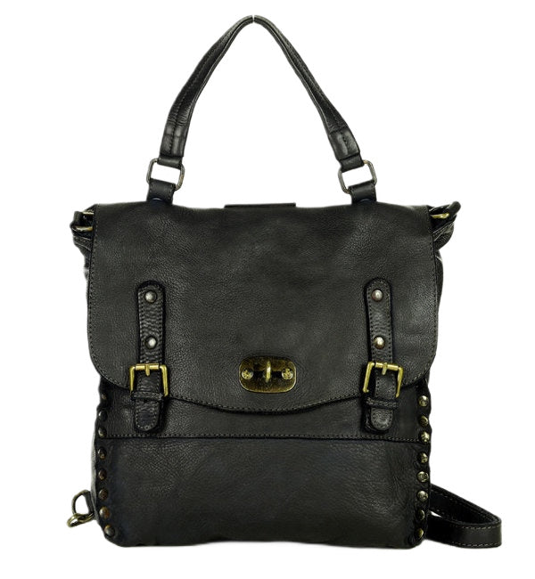 Women's vintage black Italian leather backpack BOHO 2 in 1