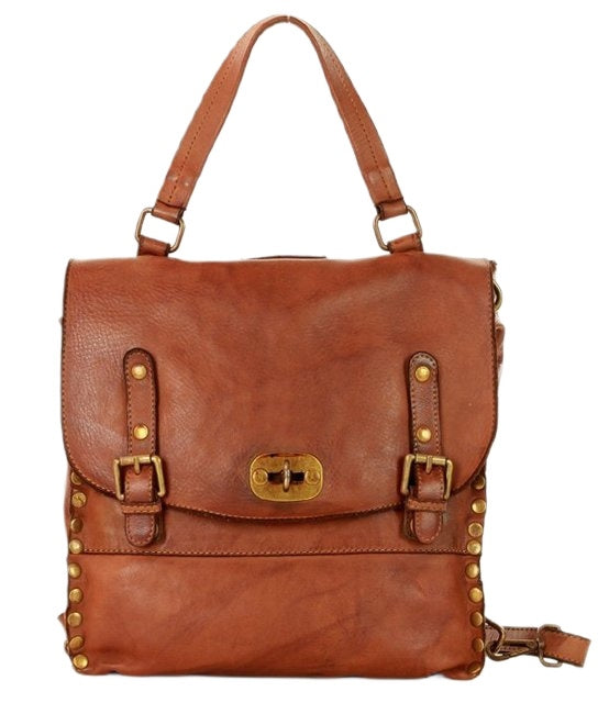 Women's vintage Italian leather backpack BOHO 2 in 1 in cognac color