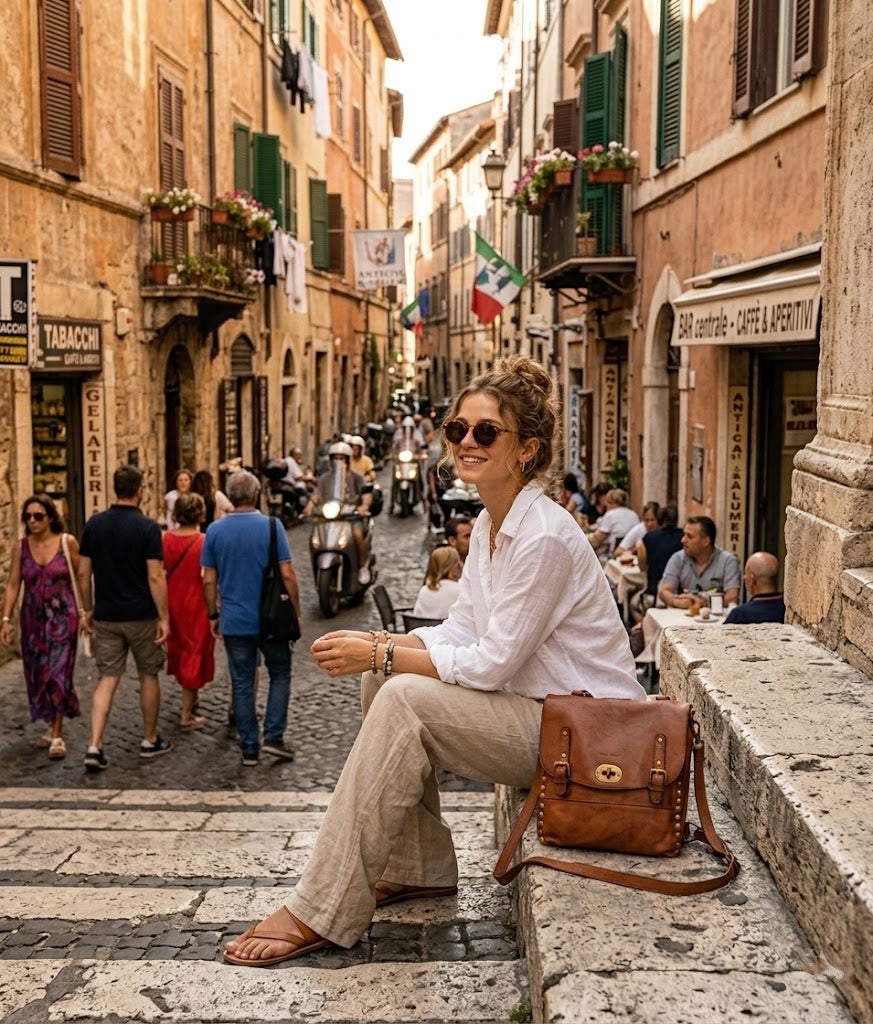 A woman sits on a step with a large women's leather BOHO vintage backpack beside her
