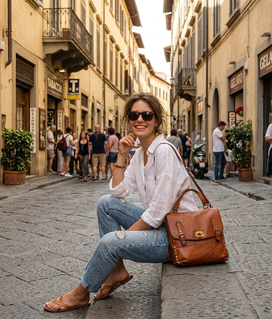 Woman sitting on a step, wearing a women's 2-in-1 leather backpack-bag made of vintage Italian leather in cognac color on her shoulder