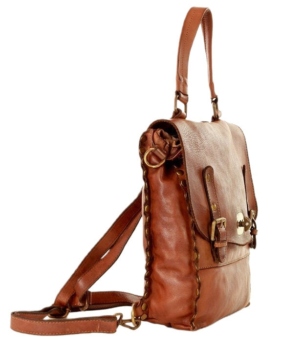 Side view of women's vintage Italian leather BOHO 2-in-1 backpack