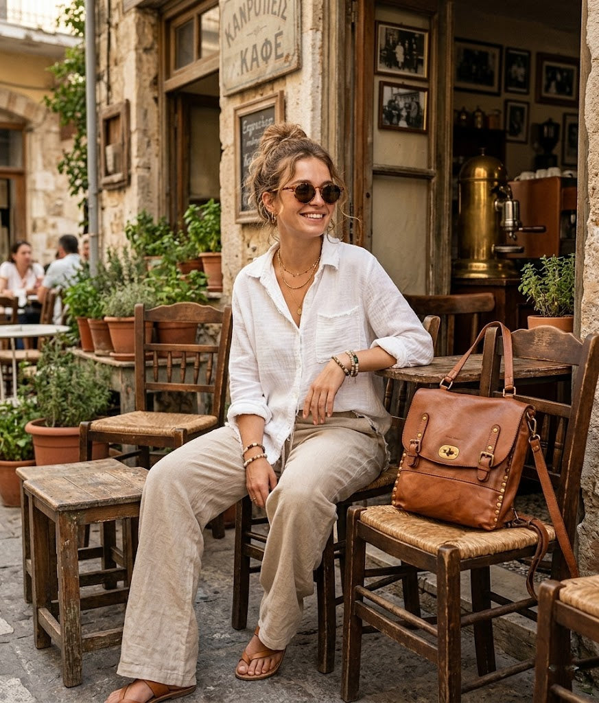 A woman sitting in a cafe, next to her on a chair lies a women's vintage Italian leather BOHO 2-in-1 backpack in cognac color