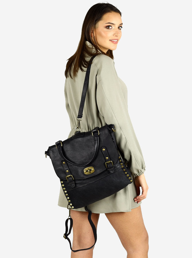 Boho ● Stylowa damska torba plecak ze skóry z nitami. 2 w 1