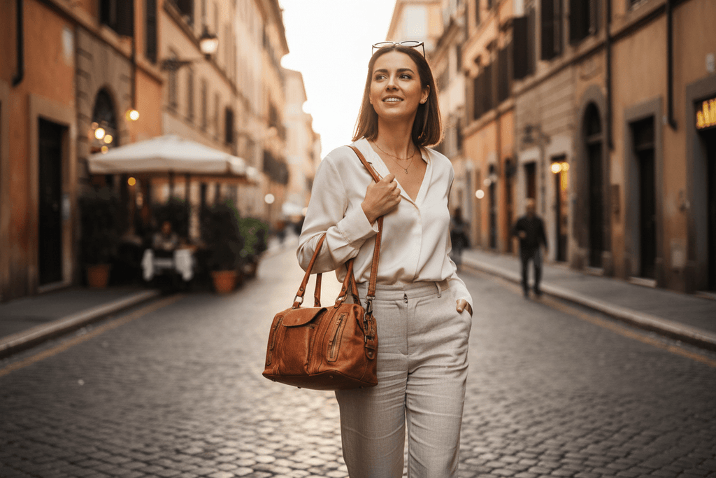 femme portant sac bowling cuir italien cognac style raffiné et quotidien chic