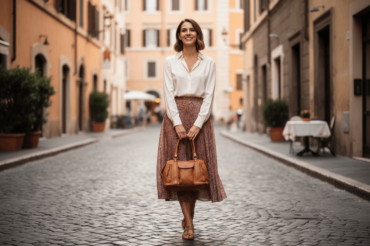 kvinna med bowler-väska italienskt läder cognac brun oumbärlig och elegant accessoar
