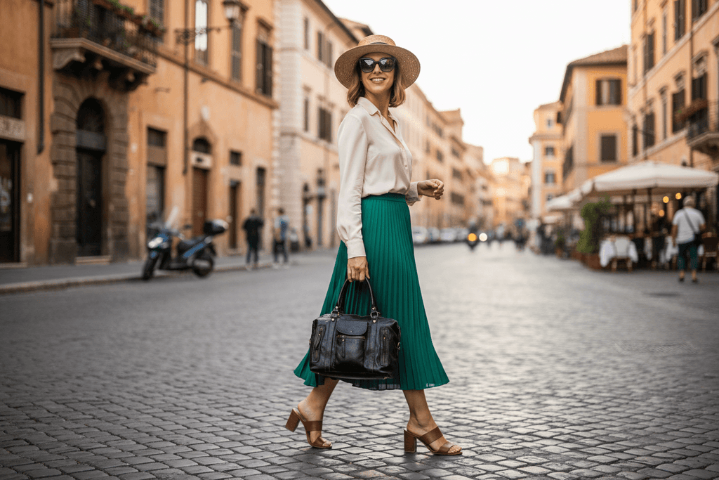 femme avec sac bowling cuir italien noir accessoire indispensable et élégant