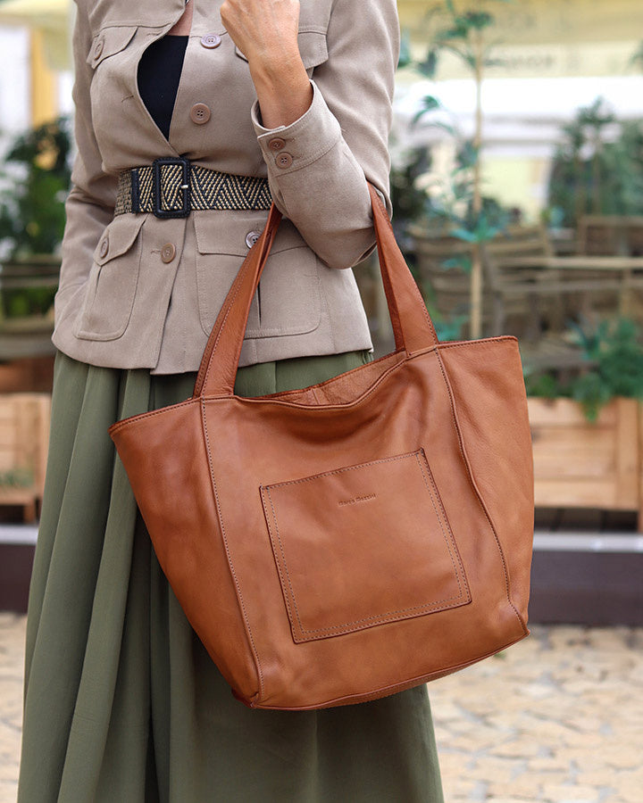 Caldera City. Skórzana damska torba na ramię shopper bag, brązowa & czarna