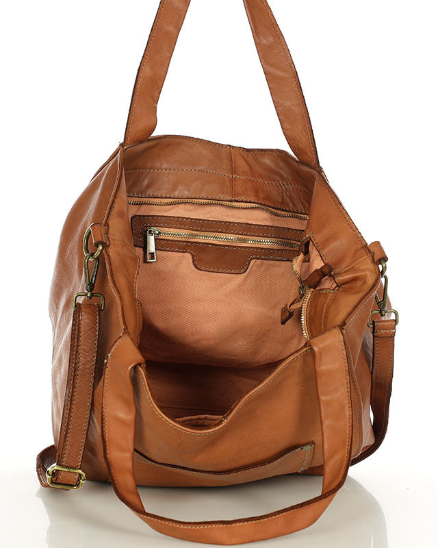 Caldera City. Skórzana damska torba na ramię shopper bag, brązowa & czarna