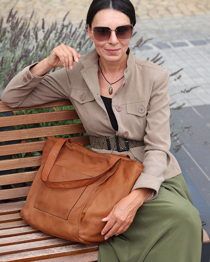 Caldera City. Skórzana damska torba na ramię shopper bag, brązowa & czarna