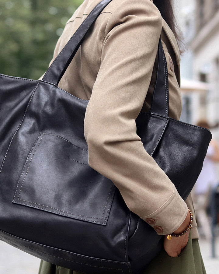 Caldera City. Skórzana damska torba na ramię shopper bag, brązowa & czarna